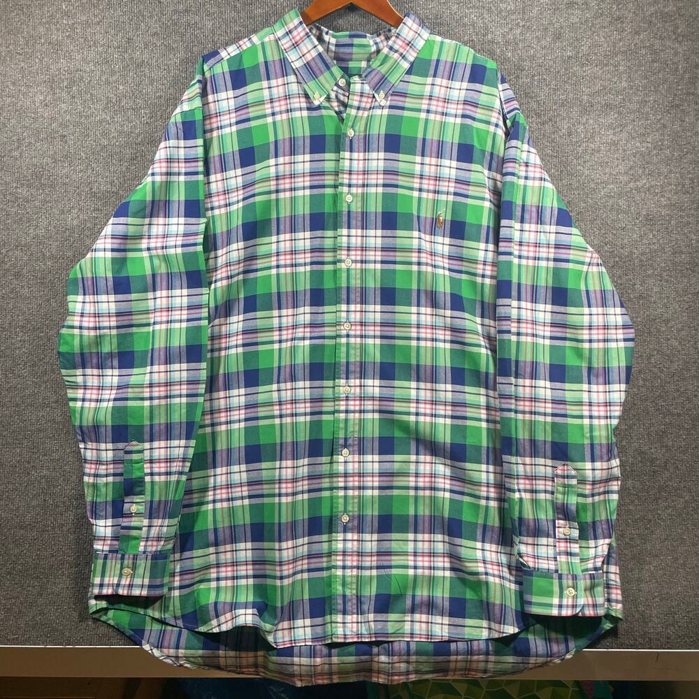 Ralph Lauren Button Down Shirt Men's 3XLT Green/Blue Plaid Flesh Pony Big